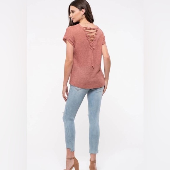 NWT Mine Women's Lace Up Back Knit Short Sleeve Top Sz Small, Dusty Rose Pink - Picture 4 of 9